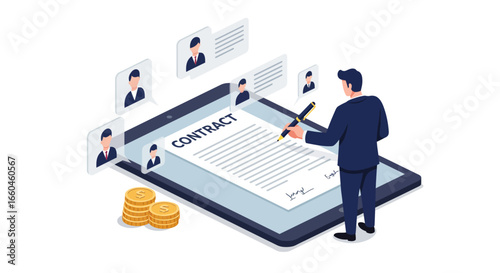 Digital contract signing in modern business isometric concept with people and coins
