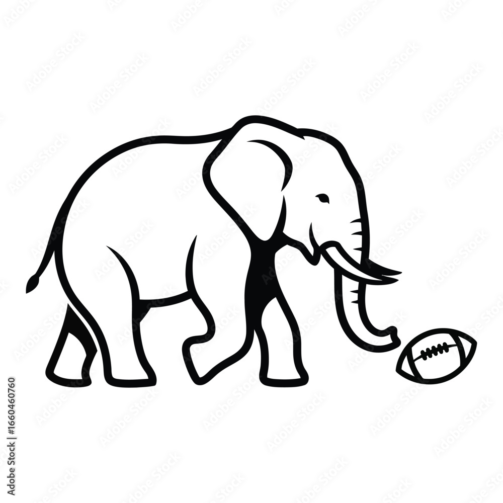 Fototapeta premium Black silhouette of an elephant with a football on a white background American football sport