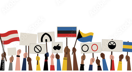 Diverse hands holding protest signs with flags and symbols