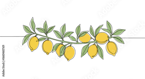 Minimalist lemon branch with fresh leaves in one line art style