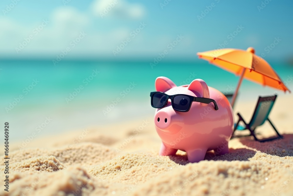 Obraz premium A Relaxing Pink Piggy Bank on the Beach, Basking in the Sun with Shades, Miniature Chairs, and Umbrella