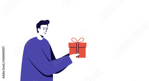 Minimalist character holding gift box with bow on white background