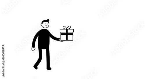Minimalist cartoon figure walking with a gift box in hand