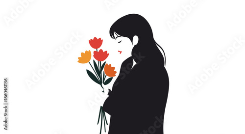 Elegant silhouette of woman admiring colorful flowers in minimalist design