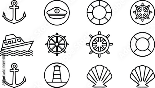 Collection of nautical themed icons featuring anchor, ship, wheel, lifebuoy, lighthouse, shell, captain hat, and other marine elements in line art style