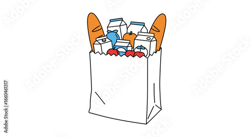 Minimalist grocery bag with groceries including milk, bread, and fruit in white paper bag