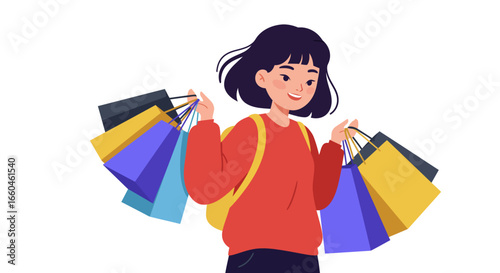 Young woman shopping with bags smiling in casual outfit on white background