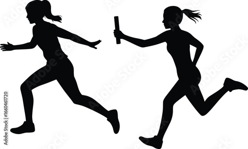 Silhouette of two female athletes running a relay race, passing baton, dynamic motion, sports competition, teamwork, fitness, outdoor activity, flat vector 