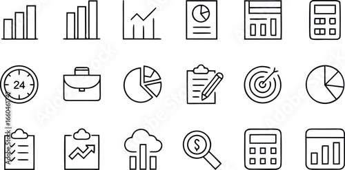Business and finance icon set, featuring charts, graphs, and tools for data analysis, reporting, and strategic planning