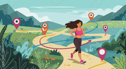 Active woman running through nature with map guides in flat style