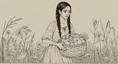 Young woman with braids holding a basket of fruit in botanical vintage sketch
