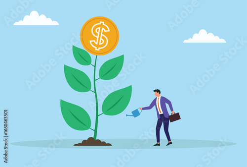 Vector illustration of a businessman watering a money tree, symbolizing investment growth, financial prosperity, wealth cultivation, and long term success
