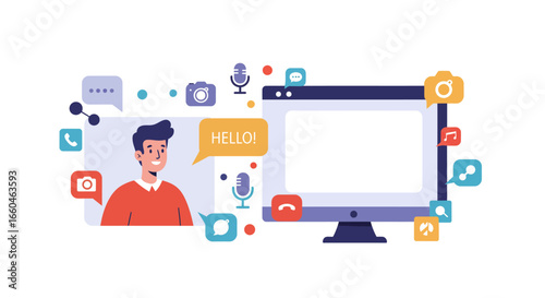 Virtual communication concept with social media icons and computer screen