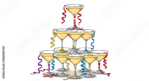 Elegant champagne glass pyramid with colorful ribbon decorations