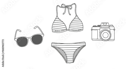 Minimalist summer essentials: striped bikini, sunglasses, and camera in black and white