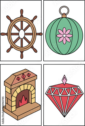 Vector art of four panel cartoon featuring a ship wheel, ornament, fireplace, and a diamond