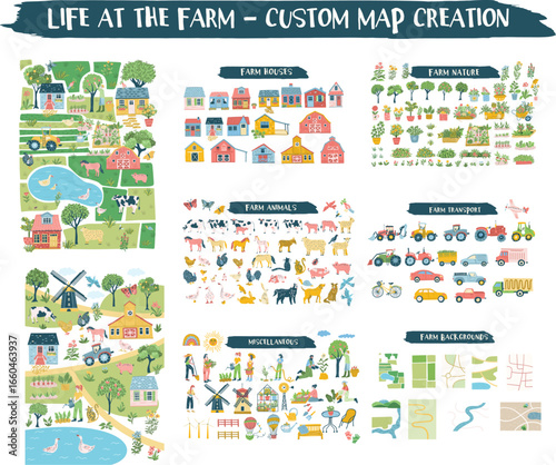 Life at the Farm Custom Map Creator – Vector Clipart Set with Houses, Animals, Nature, Tractors, Backgrounds