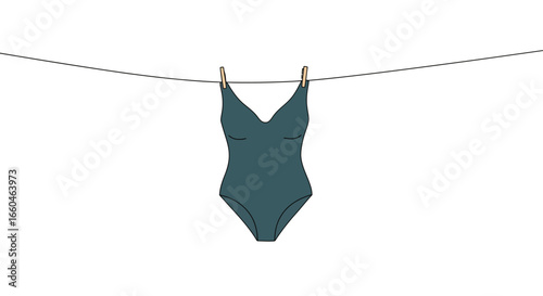 Minimalist swimwear on clothesline against white background