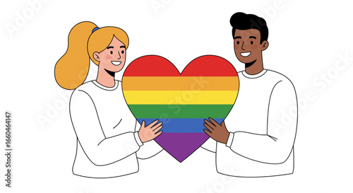 Diverse couple holding rainbow heart: lgbtq support and unity in modern cartoon style