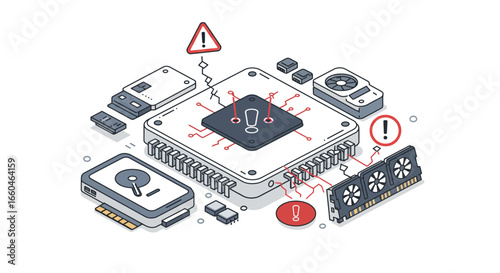 Isometric technology design highlighting hardware components with alert symbols