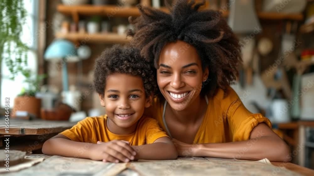 Joyful moment shared between a mother and son in a cozy workshop filled with creative projects Joyful moment shared between a mother and son in a cozy workshop filled with creative projects