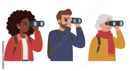 Diverse group of people exploring with binoculars in flat style