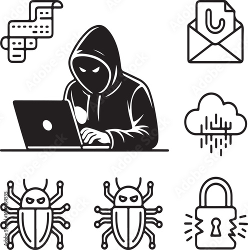 Cybercrime and Hacking Line Icons – Digital Security Threats