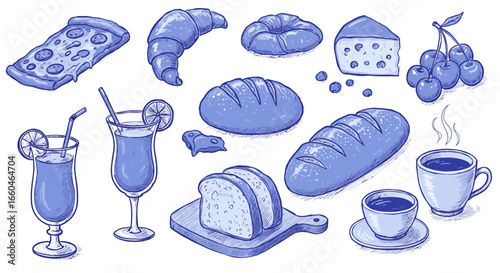 Hand drawn bakery and coffee selection with beverages in blue sketch style