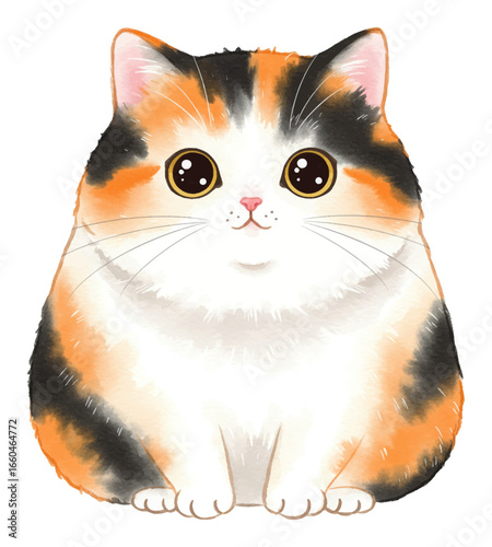 Chubby Calico Cute Cat with Big Eyes Sitting Isolated Hand Drawn Watercolor Painting Illustration