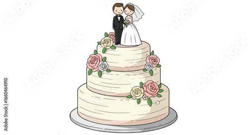 Elegant wedding cake with floral decorations and bride groom topper
