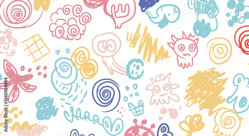 Playful doodle art with whimsical characters and abstract colorful patterns
