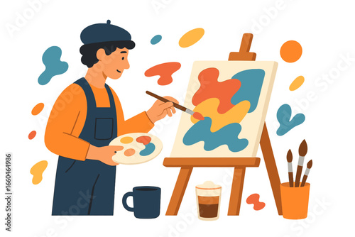 An artistic individual is creating a beautiful piece of art near fragrant coffee in their creative workspace