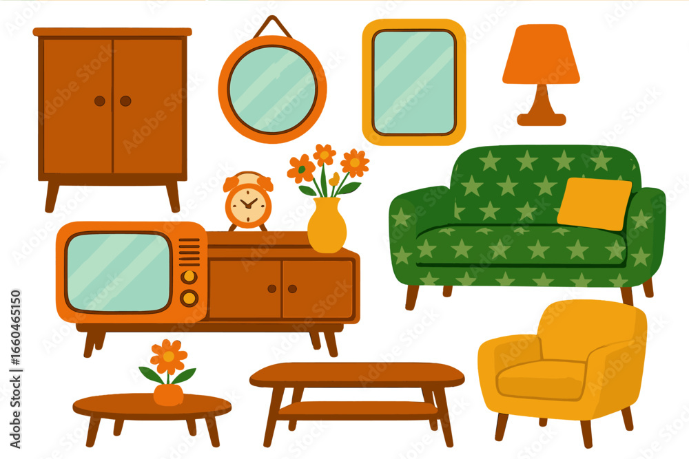 Fototapeta premium Cartoon vector illustration set of home interior furniture design including child's room, cafe, and old house decorations