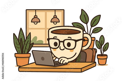 A freelancer works on laptop in a cafe with a relaxing coffee break mascot character nearby