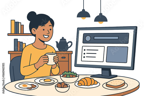 A woman sips her morning coffee as she works on designing a user interface