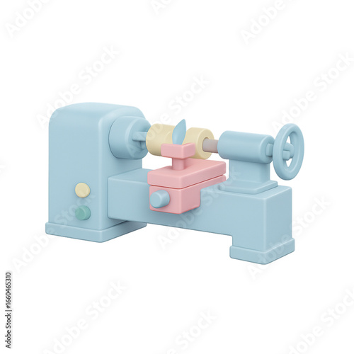 Cute 3d rendered lathe machine with pastel colors isolated on transparent background