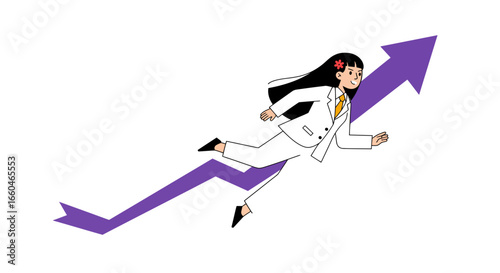 Businesswoman in suit climbing arrow symbolizing growth and success
