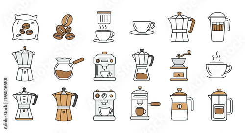 Collection of modern coffee making icons in flat style