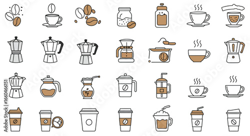 Coffee icons collection: line art and simple design of coffee cups, pots, and beans