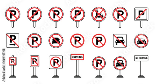 Comprehensive collection of no parking signs with universal symbols in flat design