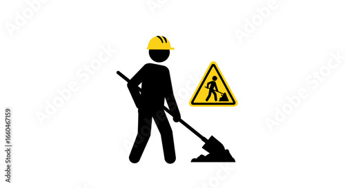 Construction worker icon with safety helmet and shovel sign