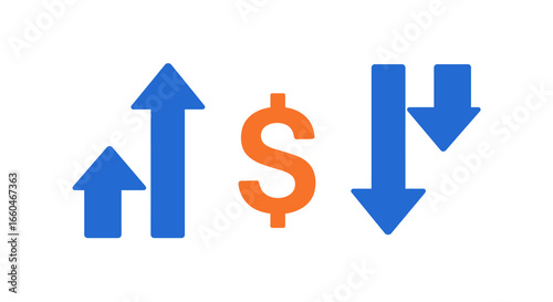 Financial trend icons with dollar sign and arrows in blue and orange