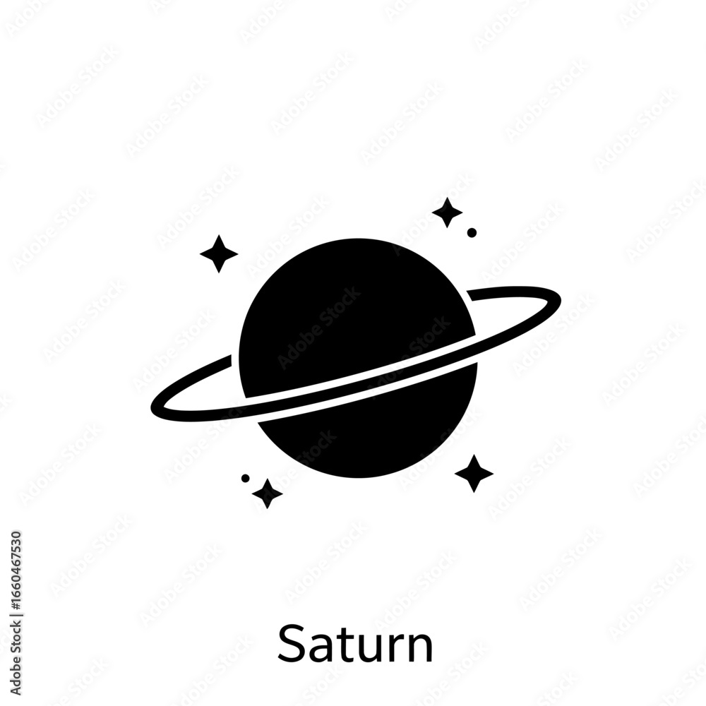 Obraz premium Stylized Black Silhouette of Saturn the Ringed Planet Amidst Stars.