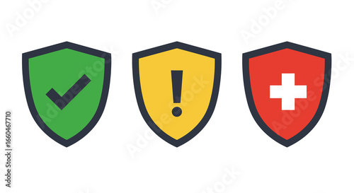 Colorful security shields with checkmark, exclamation, and cross icons
