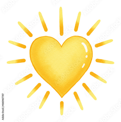 Cute Yellow Heart Shaped Sunshine with Sun Rays Isolated Hand Drawn Watercolor Painting Illustration