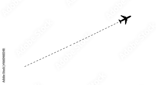 Silhouette airplane with dotted flight path on white background