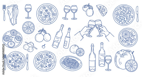 Hand drawn italian cuisine: pasta, wine, pizza, and citrus elements in blue