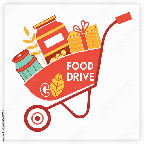 Hand-drawn illustration of a shopping cart filled with groceries.