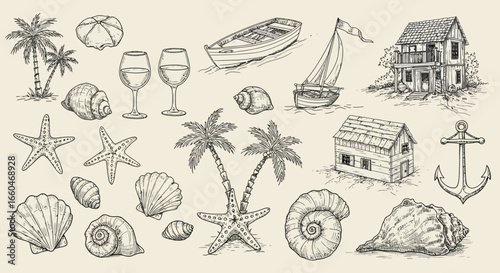 Hand drawn beach collection with tropical palm trees, shells, boats, and seaside houses