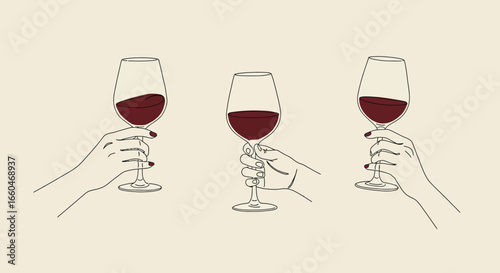 Elegant linear art of hands holding red wine glasses against a minimalist background